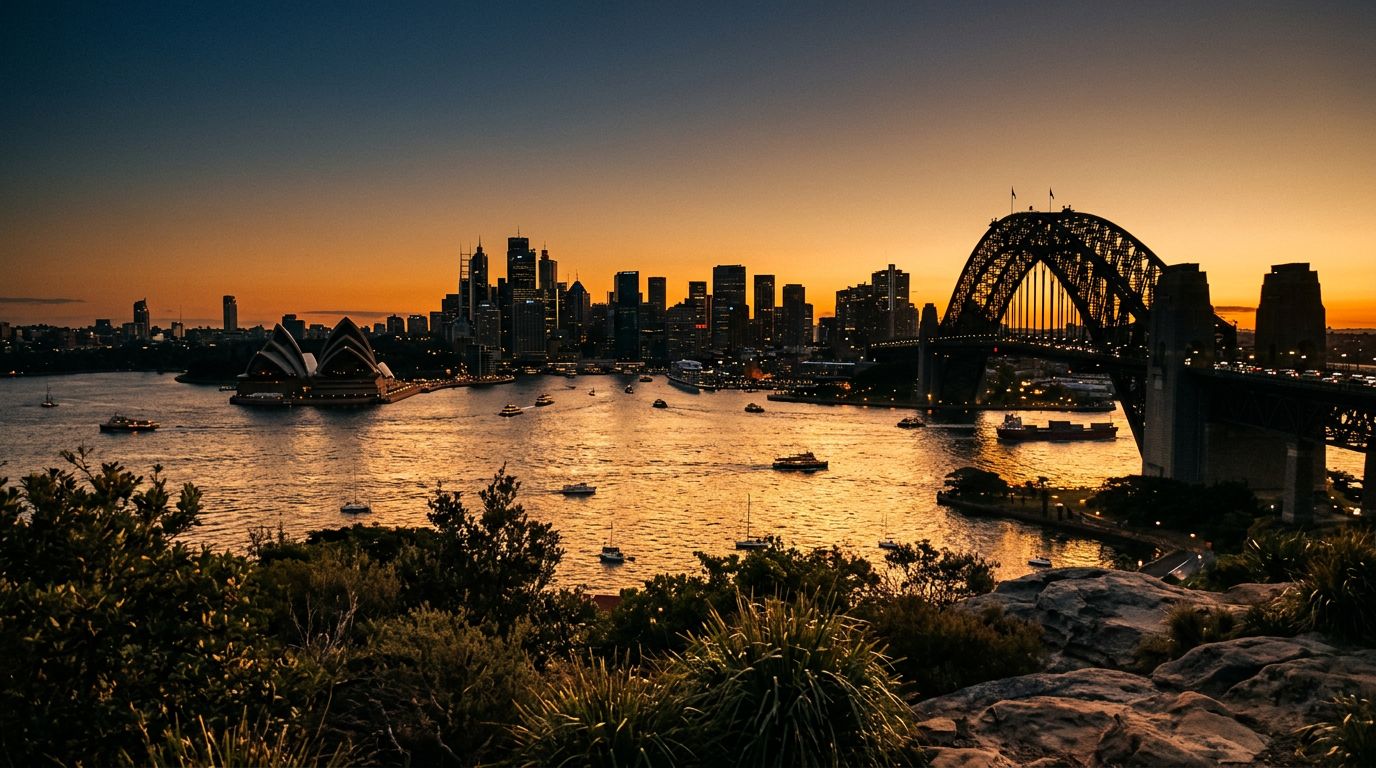 Sydney Harbour and the Harbour Bridge at sunset