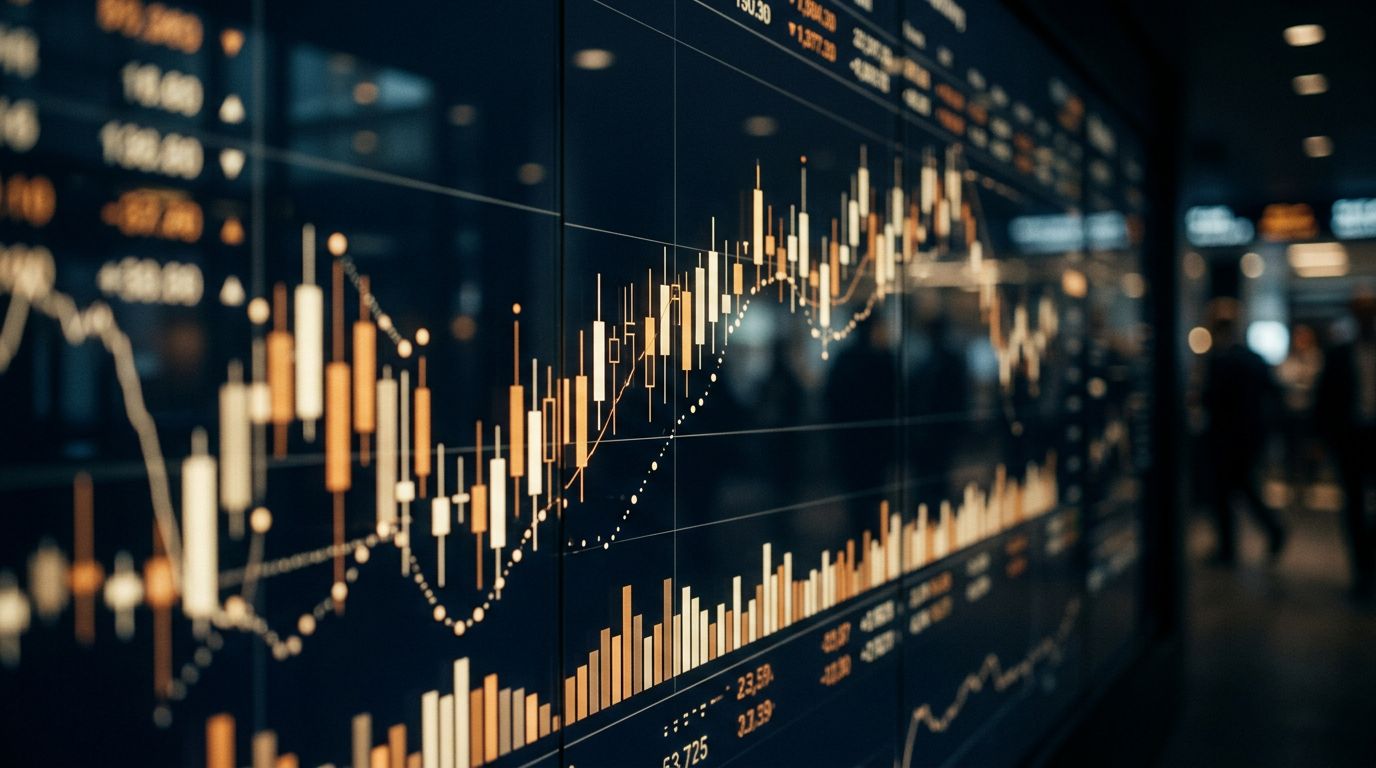 A trading floor screen showing candlestick charts in amber light