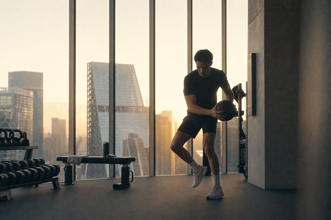 An athlete training in a sunlit gym above a city skyline